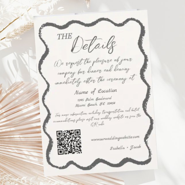 Retro Wavy Black White Handwritten Wedding Details Invitation (Creator Uploaded)