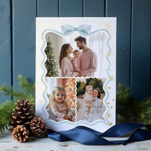 Retro Wavy Blue Bow Ribbon & Stars Photos Collage Foil Holiday Card