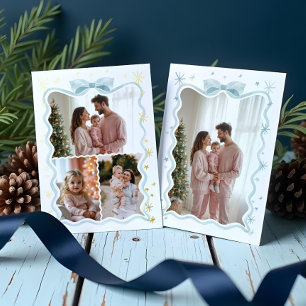 Retro Wavy Blue Bow Ribbon & Stars Photos Collage Foil Holiday Card