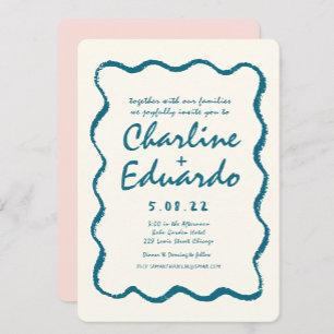 Retro Wavy Blue Handwriting Wedding  Invitation