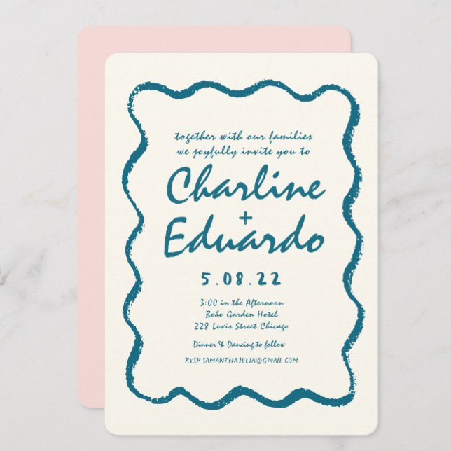 Retro Wavy Blue Handwriting Wedding  Invitation (Creator Uploaded)