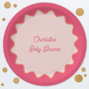 Retro Wavy Border Pink Curve Baby Shower Paper Plate