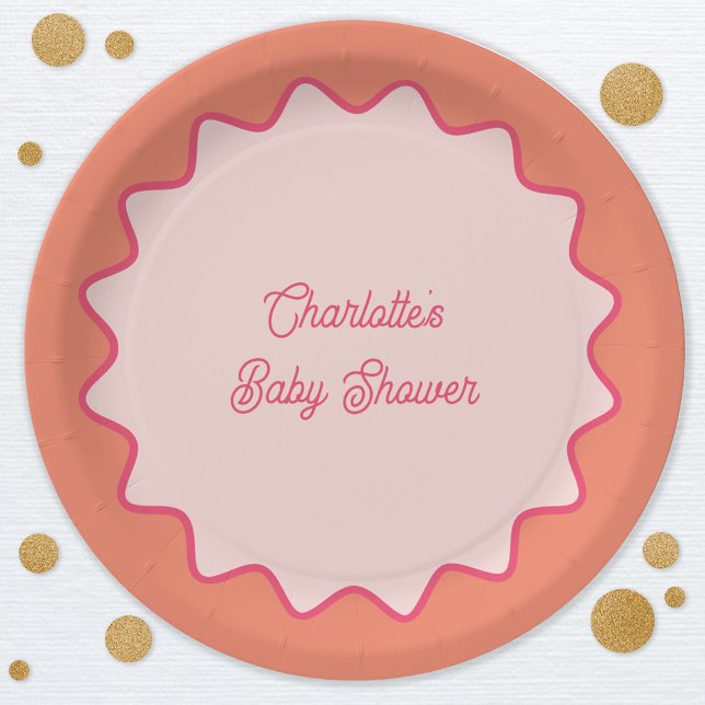 Retro Wavy Border Pink Orange Curve Baby Shower Paper Plate (Retro modern pink orange peach wavy curve border custom text baby shower paper plates)