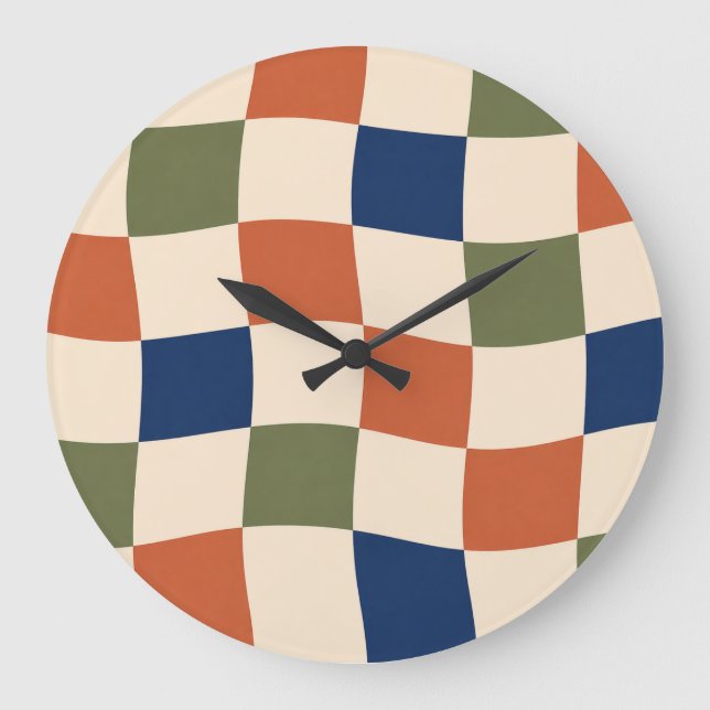 Retro Wavy Checkerboard 70s Aesthetic Clock (Front)