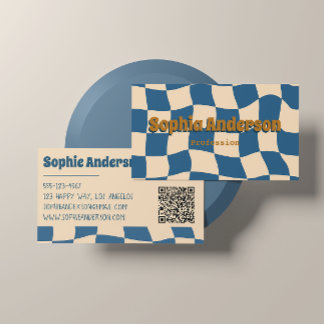 Retro Wavy Checkerboard Funky Blue Beige  Business Card