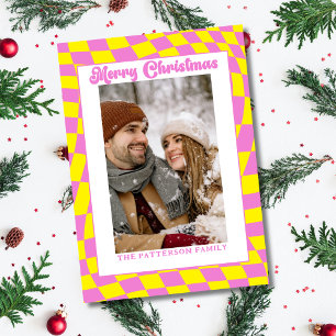Retro Wavy Checkered Pink Yellow Photo Christmas  Holiday Card