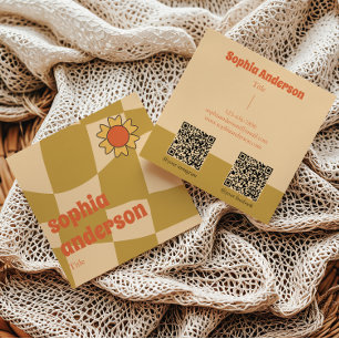 Retro Wavy Chequerboard with Sunflower _ Qr Code   Square Business Card