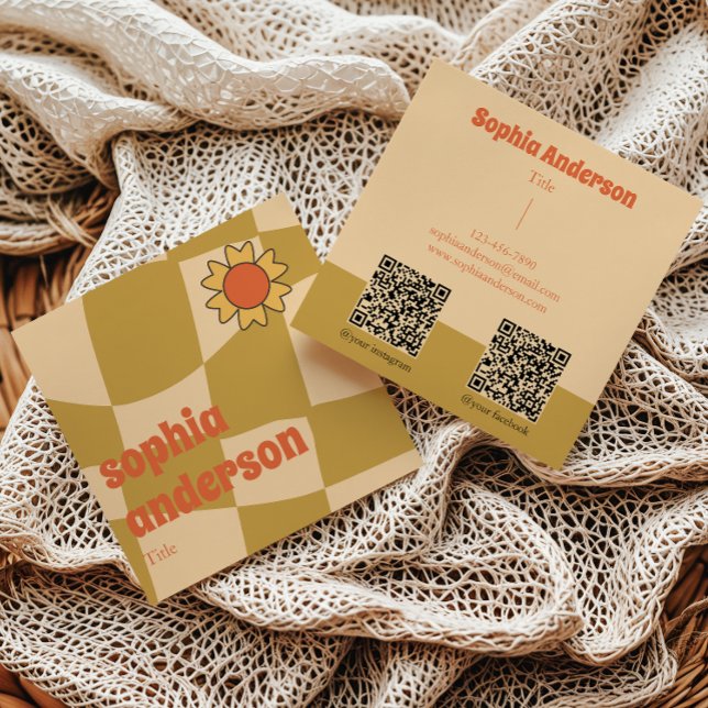 Retro Wavy Chequerboard with Sunflower _ Qr Code   Square Business Card (Creator Uploaded)