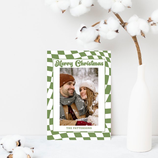 Retro Wavy Chequered Sage Green Photo Christmas  Holiday Card (Creator Uploaded)