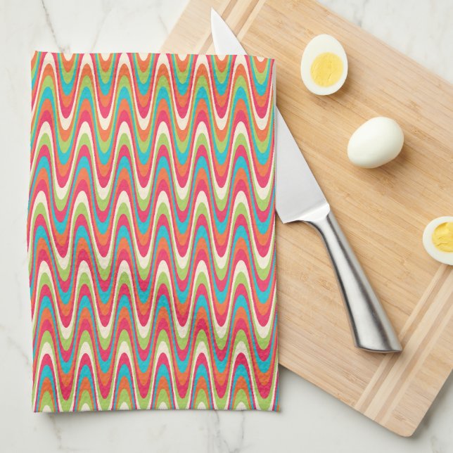 Retro Wavy Chevron Stripes Colourful Pattern Tea Towel (Quarter Fold)