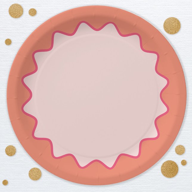 Retro Wavy Curve Border Blush Pink Peach Paper Plate (Retro modern pink peach orange wavy curve border party paper plates)