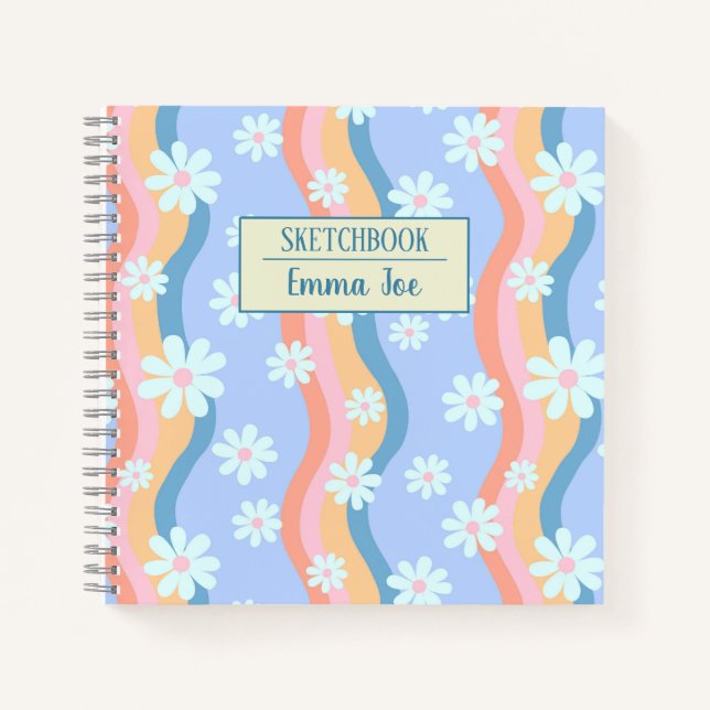 Retro Wavy Daisy Flowers Personalised Sketchbook Notebook (Front)