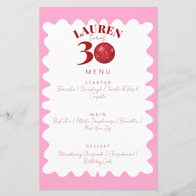 Retro Wavy Disco 30th birthday party menu (Front)