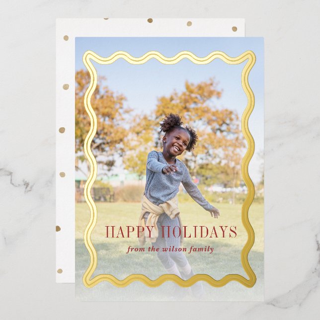 Retro Wavy Frame Holidays Full Photo Foil Holiday Card (Front/Back)