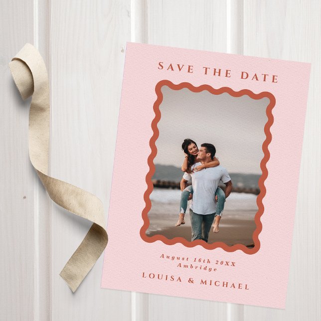 Retro Wavy Frame Photo Blush & Terracotta Wedding Save The Date (Creator Uploaded)
