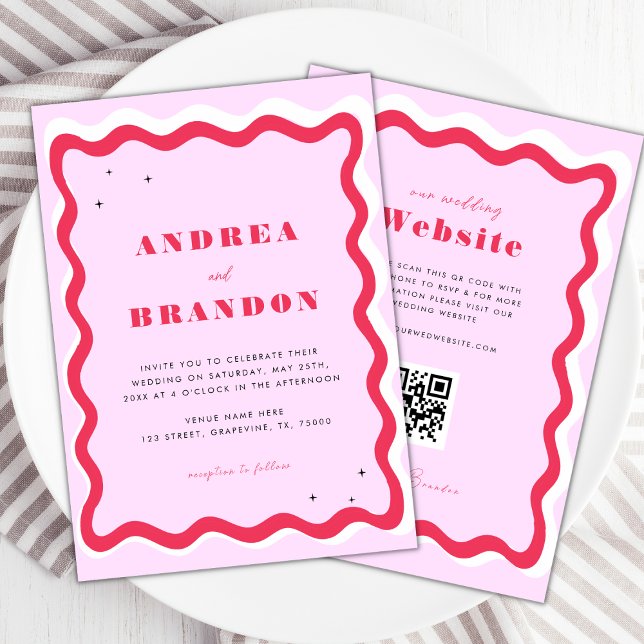 Retro Wavy Frame QR Code 70s All in One Wedding In Invitation (Creator Uploaded)