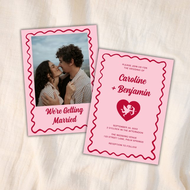 Retro Wavy Frame Red Pink Cupid Heart Wedding Invitation (Creator Uploaded)