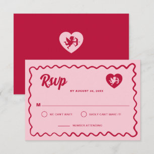Retro Wavy Frame Red Pink Cupid Heart Wedding RSVP Card