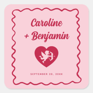 Retro Wavy Frame Red Pink Cupid Heart Wedding Square Sticker
