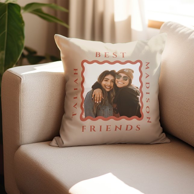 Retro Wavy Frame Terracotta Best Friends Photo Cushion (Creator Uploaded)