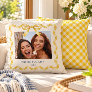 Retro Wavy Gold Watercolor Ribbon Bow 2 Photo Cushion