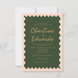Retro Wavy Green Peach Pastel Wedding Invitation