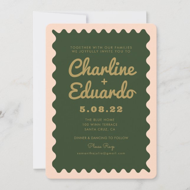 Retro Wavy Green Peachy Golden Wedding Invitation (Front)