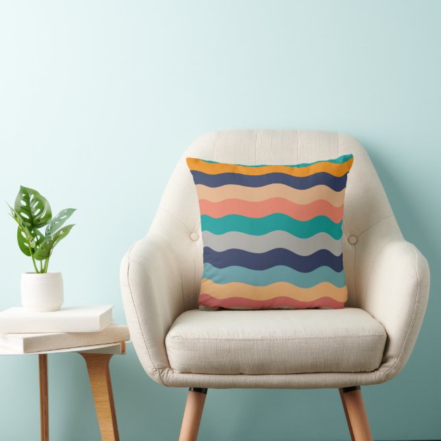 Retro Wavy Lines - Blue Turquoise Orange Cushion (Chair)