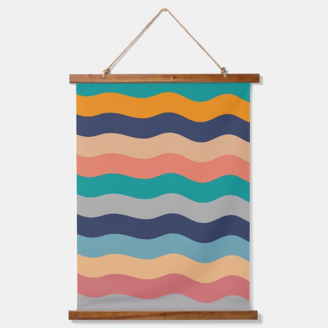 Retro Wavy Lines - Blue Turquoise Orange Hanging Tapestry (Front)