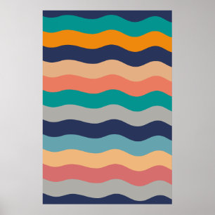 Retro Wavy Lines - Blue Turquoise Orange Poster
