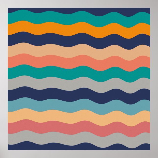 Retro Wavy Lines - Blue Turquoise Orange Poster (Front)
