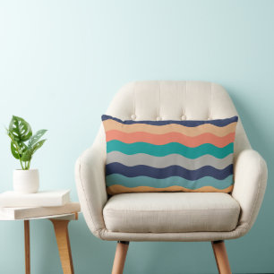 Retro Wavy Lines - Blue Turquoise Orange Throw Pil Lumbar Cushion