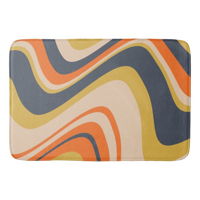 Retro Wavy Lines - Orange, Navy, Yellow, Beige Bath Mat (Front)