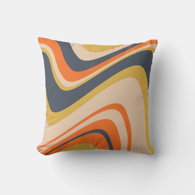 Retro Wavy Lines - Orange, Navy, Yellow, Beige Cushion (Front)