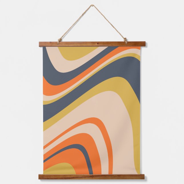 Retro Wavy Lines - Orange, Navy, Yellow, Beige Hanging Tapestry (Front)