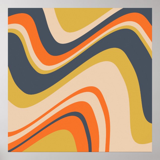 Retro Wavy Lines - Orange, Navy, Yellow, Beige Poster (Front)