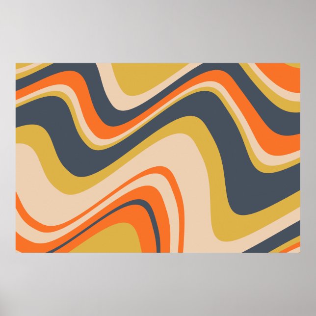 Retro Wavy Lines - Orange, Navy, Yellow, Beige Poster (Front)