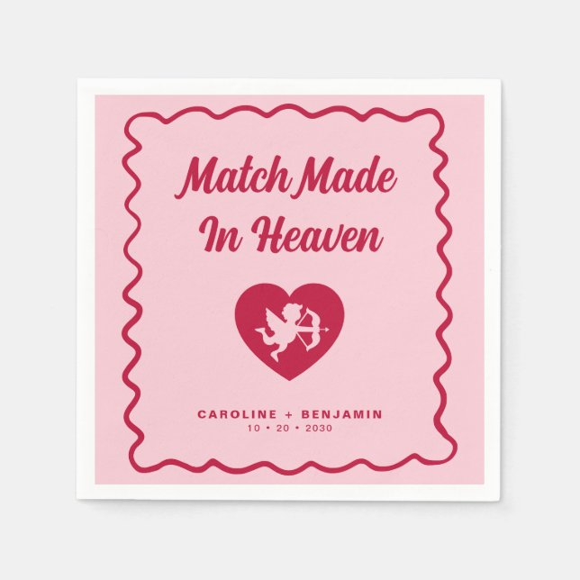 Retro Wavy Match Made In Heaven Cupid Wedding Napkin (Front)