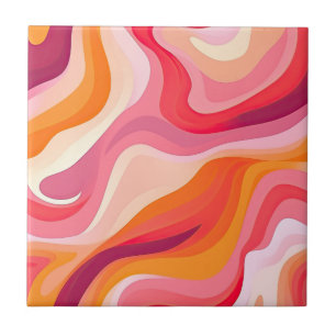 Retro Wavy Pattern Boho Aesthetic Pink Ceramic Tile