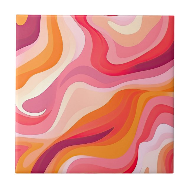 Retro Wavy Pattern Boho Aesthetic Pink Ceramic Tile (Front)