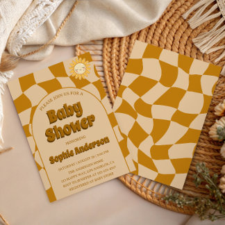 Retro Wavy Pattern Boho Sunflower Baby Shower  Invitation