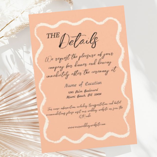 Retro Wavy Peach Handwritten Wedding Details  Enclosure Card (Creator Uploaded)