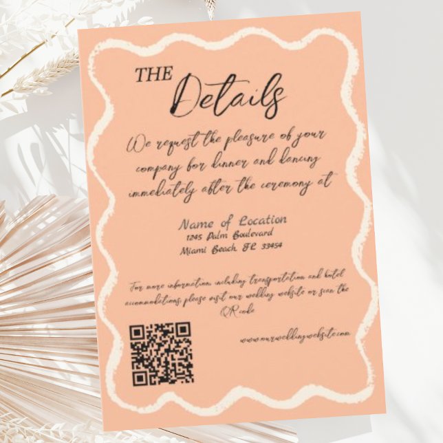 Retro Wavy Peach Handwritten Wedding Details  Enclosure Card (Creator Uploaded)