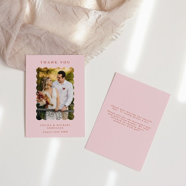 Retro Wavy Photo Blush Wedding Thank You Card (Creator Uploaded)