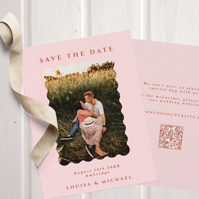 Retro Wavy Photo & QR Code Blush Wedding Save The Date (Creator Uploaded)