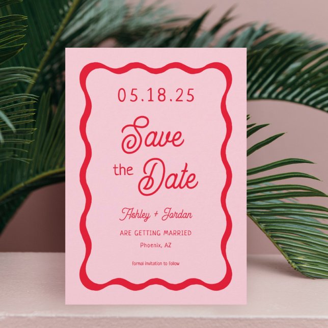 Retro Wavy Pink and Red Wave Wedding Save The Date (Creator Uploaded)