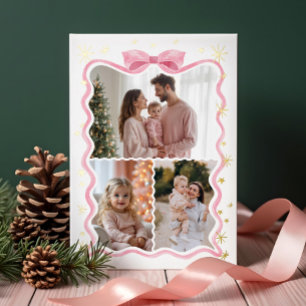 Retro Wavy Pink Bow Ribbon & Stars Photos Collage Foil Holiday Card