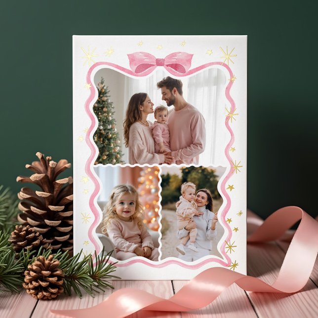 Retro Wavy Pink Bow Ribbon & Stars Photos Collage Foil Holiday Card (Retro Wavy Pink Bow Ribbon & Stars Photos Collage Foil Holiday Card)