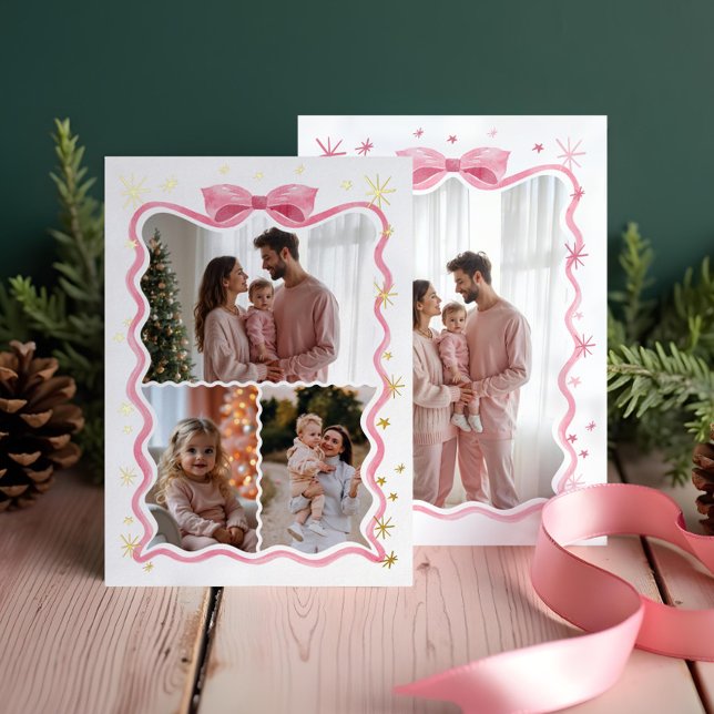 Retro Wavy Pink Bow Ribbon & Stars Photos Collage Foil Holiday Card (Retro Wavy Pink Bow Ribbon & Stars Photos Collage Foil Holiday Card)