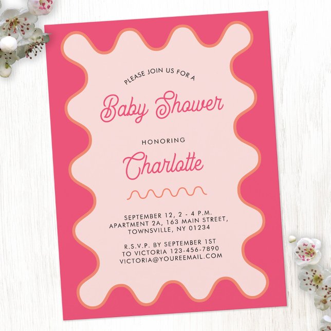 Retro Wavy Pink Curve Baby Shower Invitation Postcard (Retro pink wavy curve modern personalized baby shower invitation postcard)